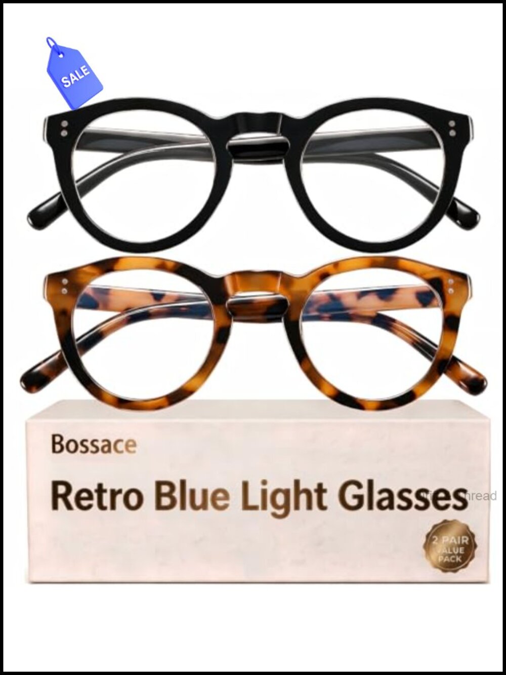 2 Pack Retro Round Blue Light Glasses TR90 Frame UV400 Protection